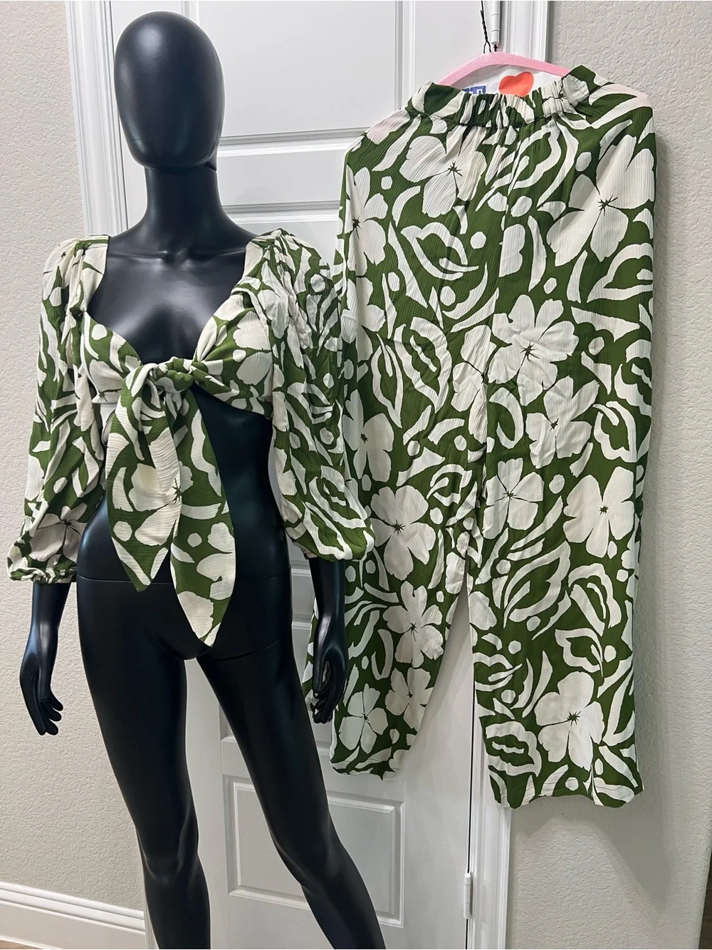 Faithfull the Brand Green and White Floral Wide-Leg Pants & Tie-Front Top Set